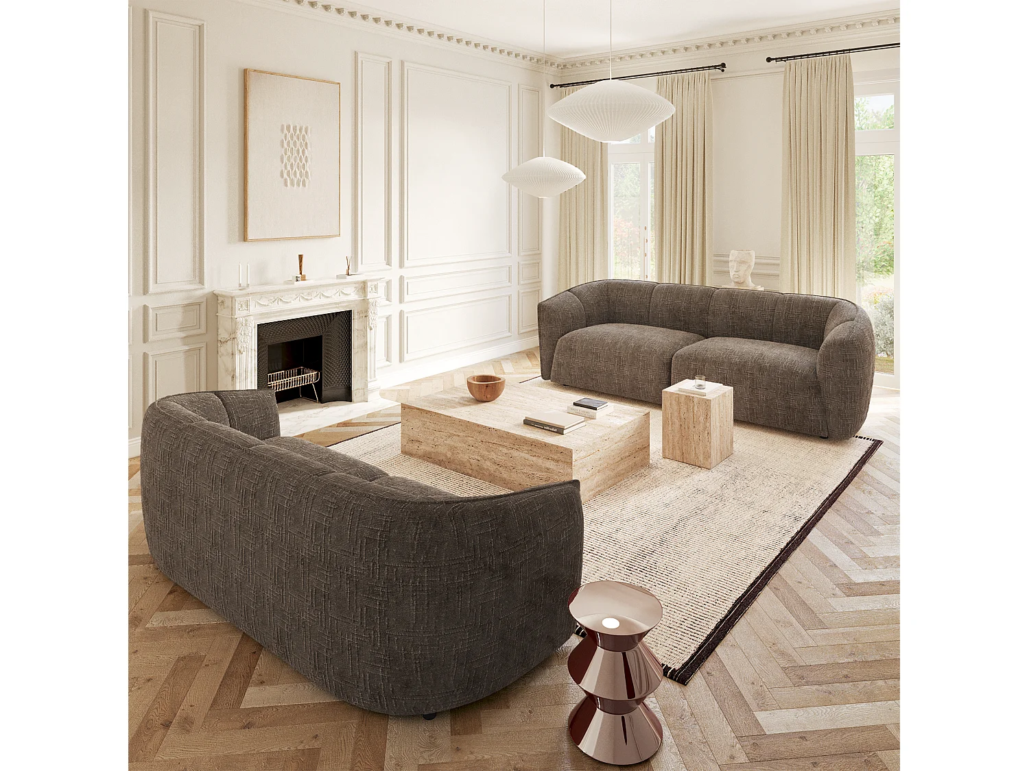 Canapé 4 places velours tramé brun expresso NAMI