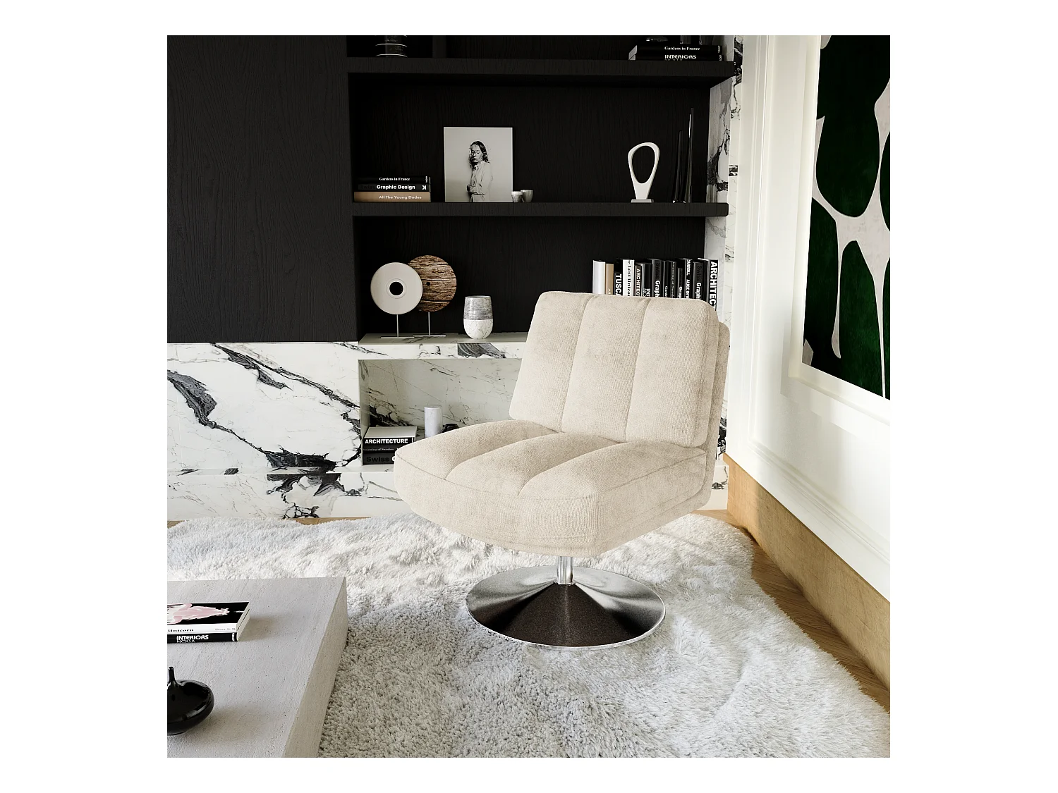 Fauteuil de salon pivotant pied chrome velours texturé écru TIMELESS