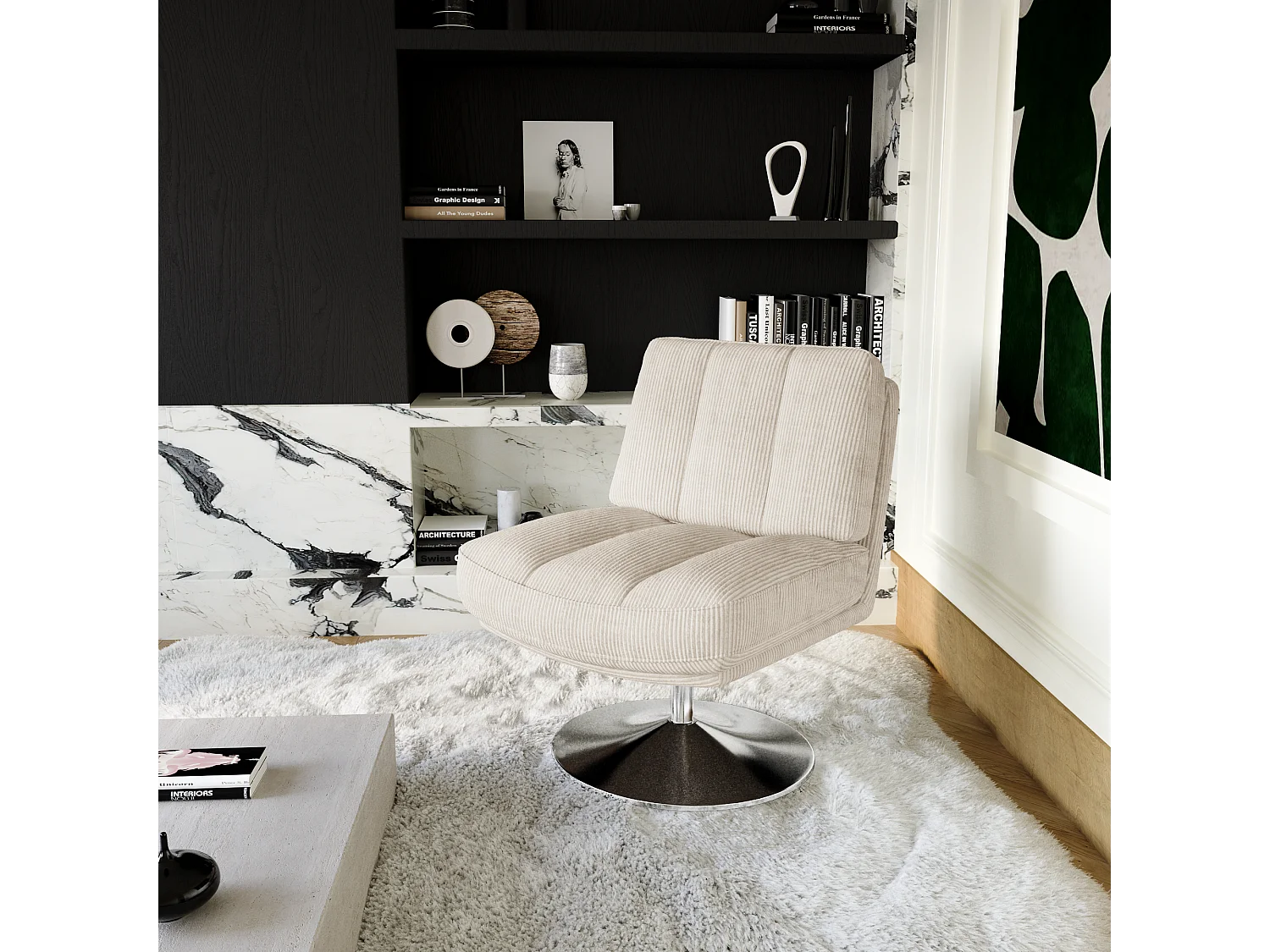 Fauteuil de salon pivotant pied chrome velours côtelé écru TIMELESS