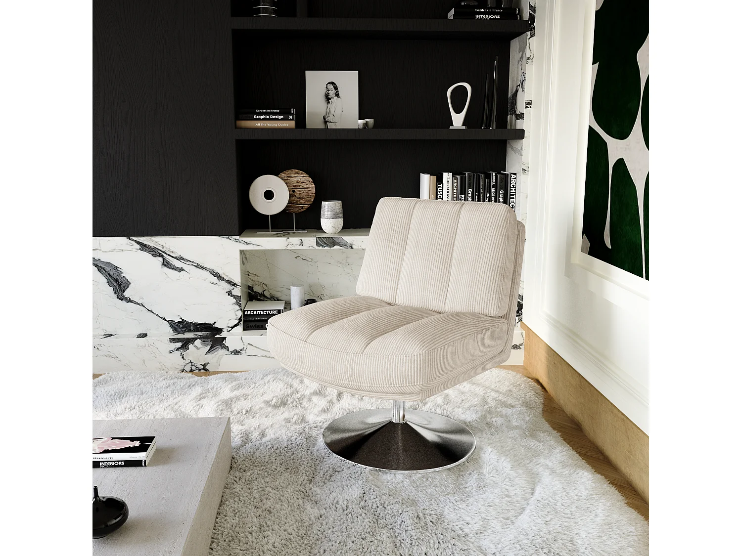 Fauteuil de salon pivotant pied chrome velours côtelé écru TIMELESS