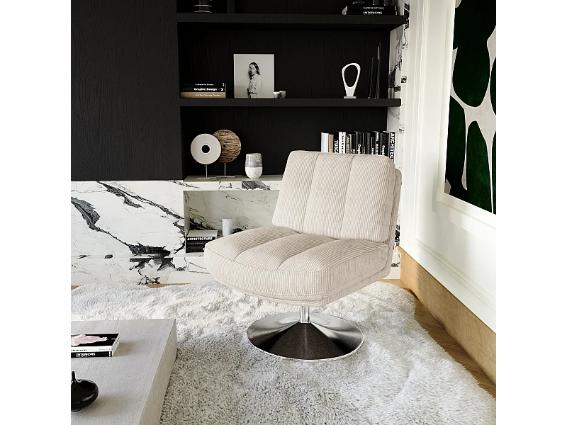Fauteuil de salon pivotant pied chrome velours côtelé écru TIMELESS