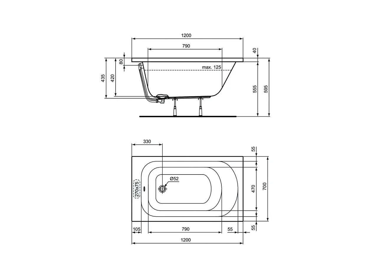 PORCHER Baignoire droite 120x70 Ulysse blanche