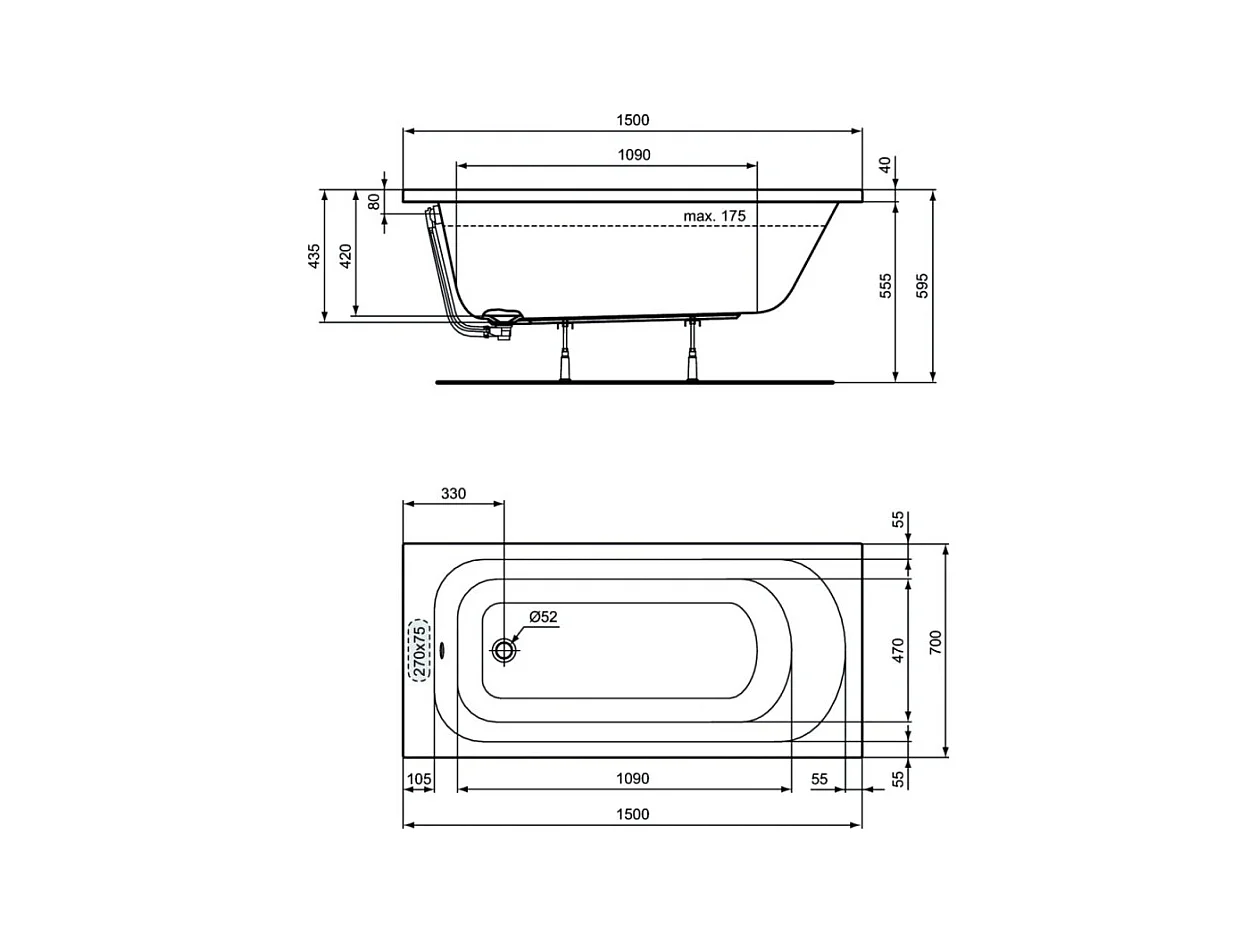 PORCHER Baignoire droite 150x70 Ulysse blanche