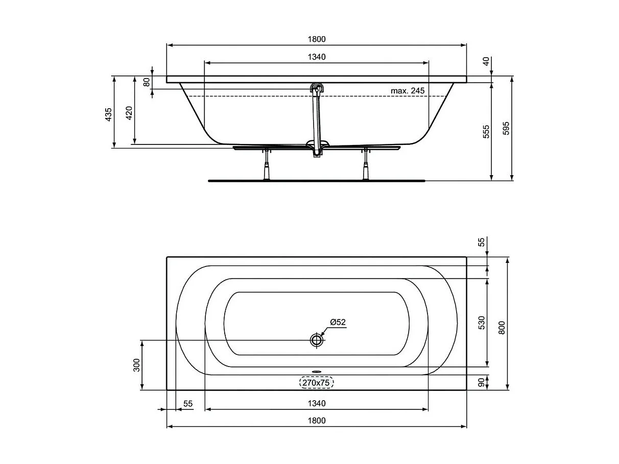 PORCHER Baignoire droite 180x80 Ulysse duo blanche