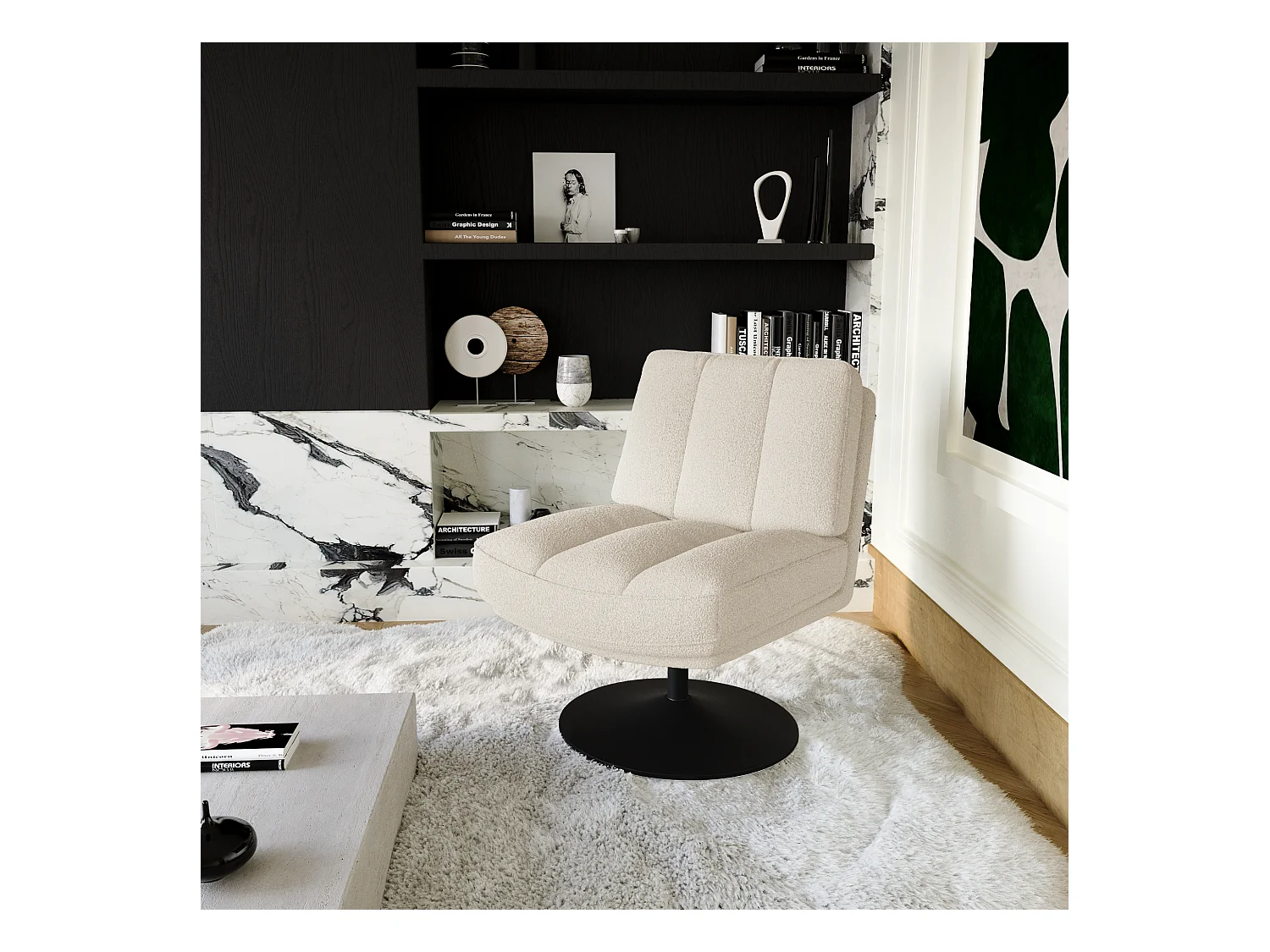 Fauteuil de salon pivotant pied noir tissu bouclette écru TIMELESS