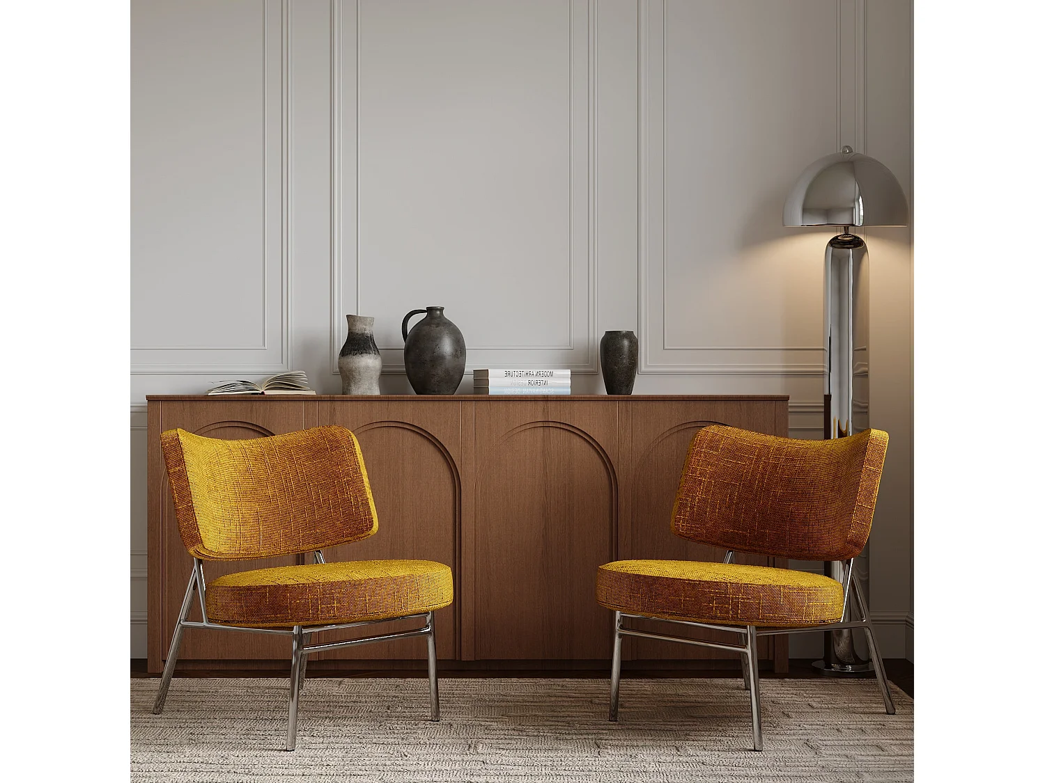 Fauteuil de salon IGGY en velours tramé moutarde