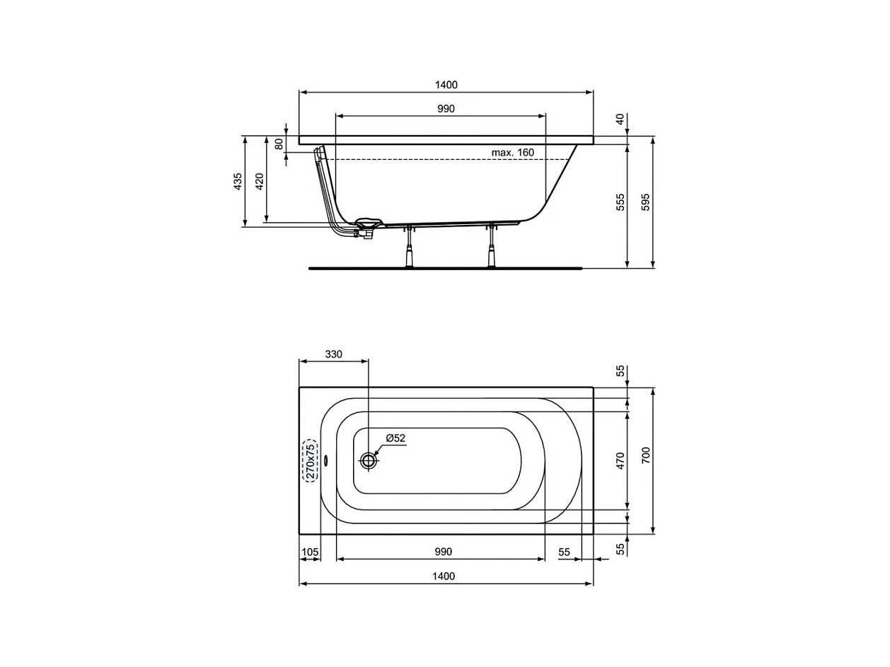 PORCHER Baignoire droite 140x70 Ulysse Blanche blanc
