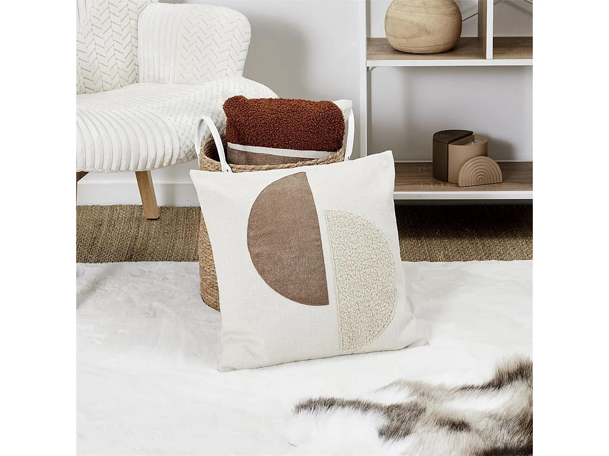 Coussin 40x40cm Crème Motifs Demi-Cercles Marron et Bouclette Déhoussable - ARCAL