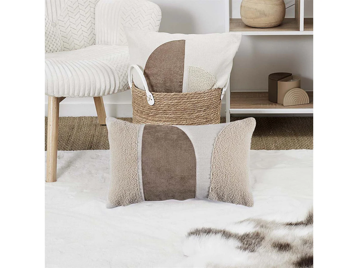 Coussin 30x50cm Crème Motifs Arrondis Marron et Bouclette Déhoussable - ARCAL