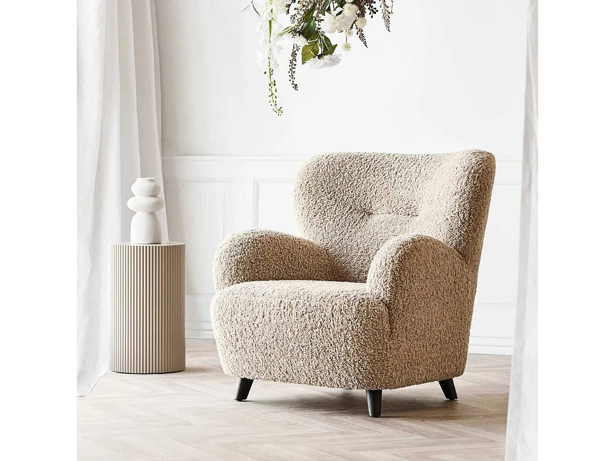 Fauteuil lounge vintage en tissu bouclette beige foncé  - YOLAN