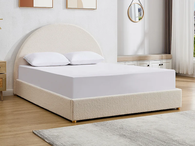 Bett mit Bettkasten 140 x 190 cm - Bouclé-Stoff - Weiß + Matratze - CALIDORYA