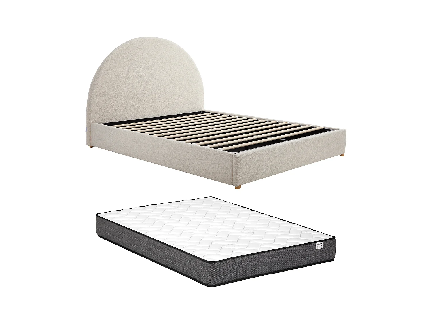 Sengeboks 140 x 190 cm - Bouclette stof – Hvid + Madras – CALIDORYA