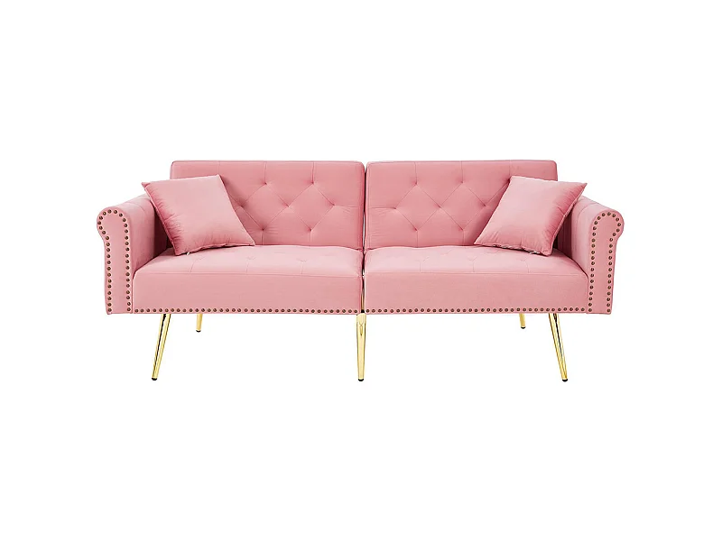 Canapé 2 places velours dossier réglable 3 positions pieds dorés fonction couchage peu encombrant petites pièces rose
