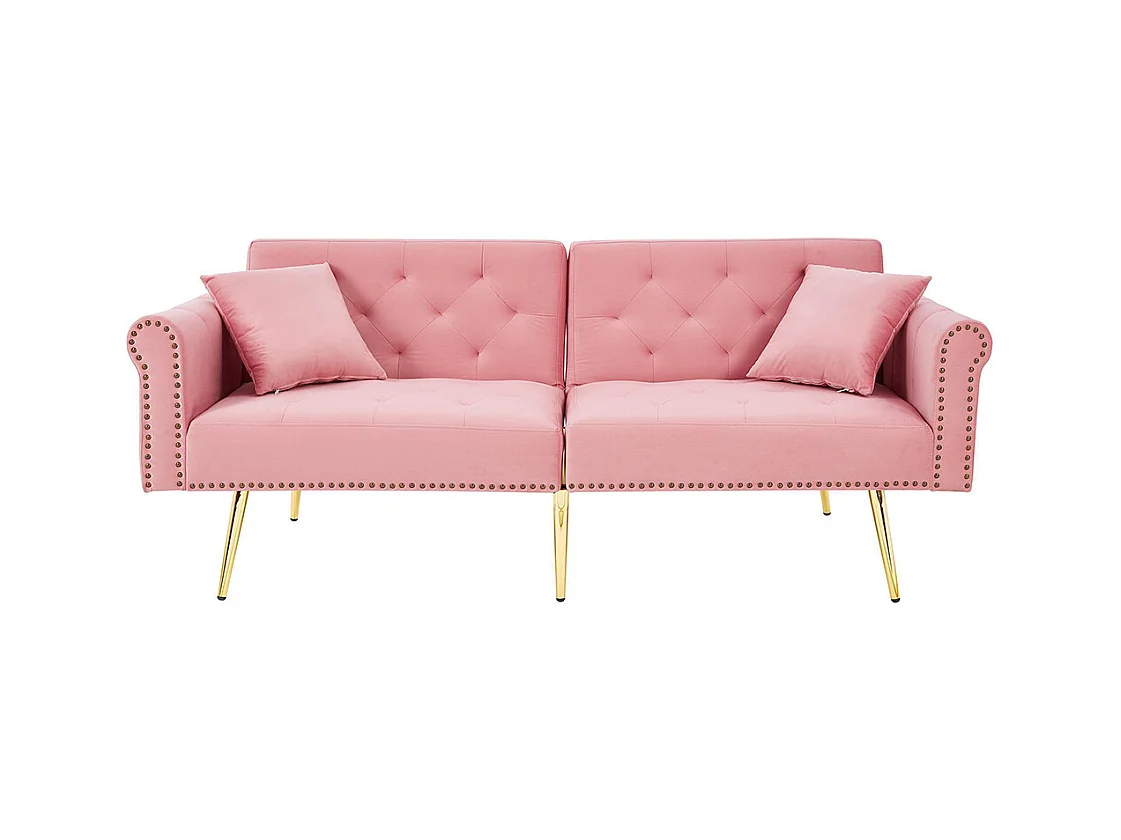 Canapé 2 places velours dossier réglable 3 positions pieds dorés fonction couchage peu encombrant petites pièces rose