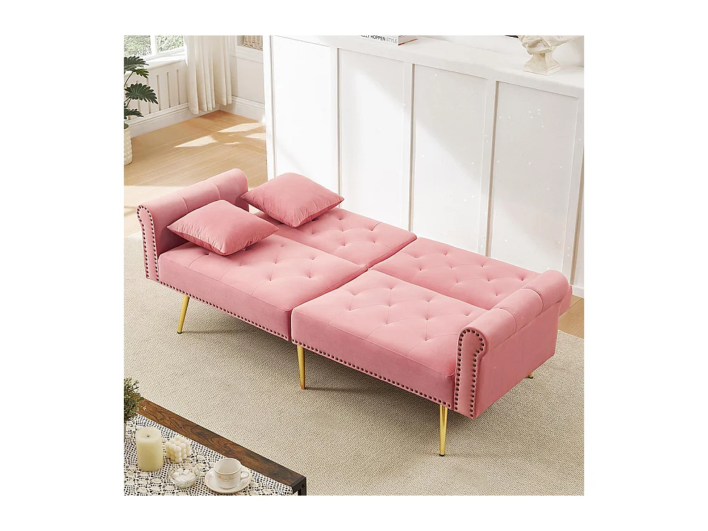 Canapé 2 places velours dossier réglable 3 positions pieds dorés fonction couchage peu encombrant petites pièces rose