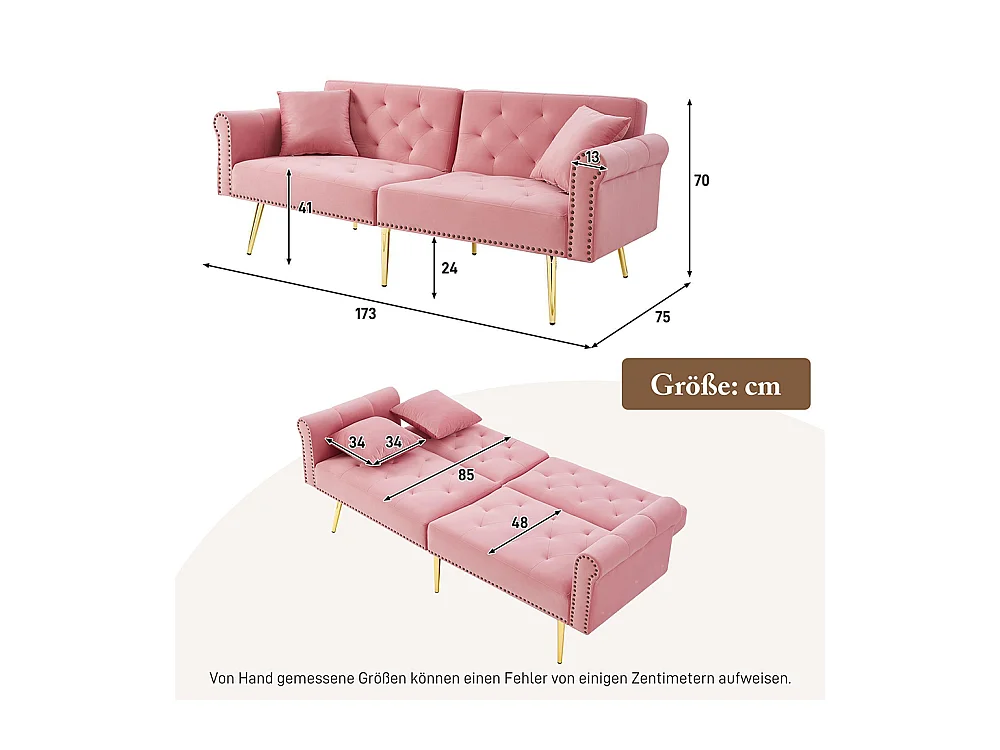 Canapé 2 places velours dossier réglable 3 positions pieds dorés fonction couchage peu encombrant petites pièces rose