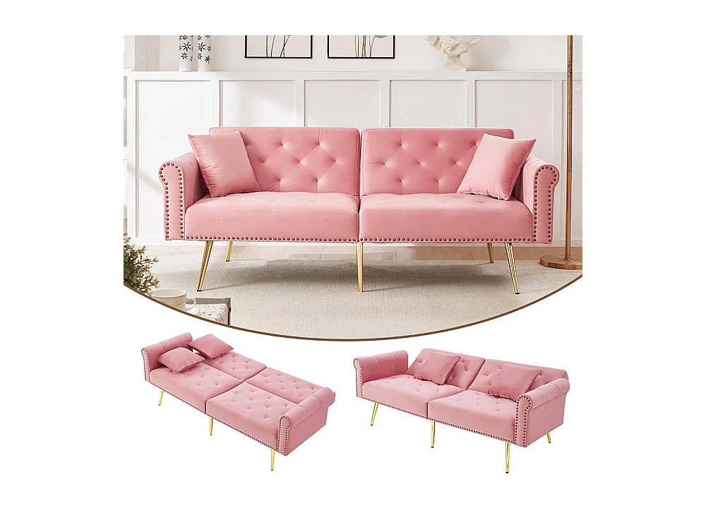 Canapé 2 places velours dossier réglable 3 positions pieds dorés fonction couchage peu encombrant petites pièces rose