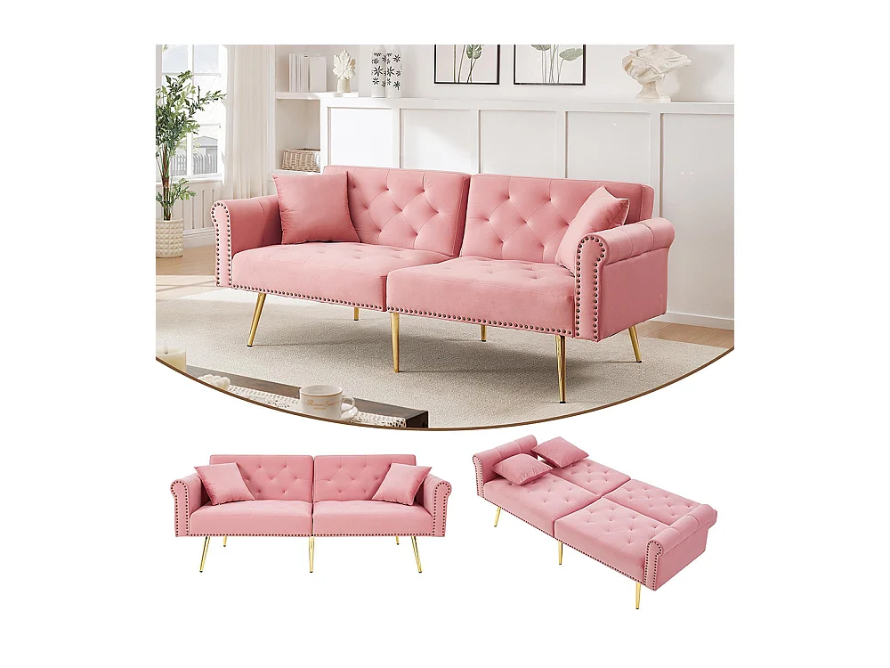 Canapé 2 places velours dossier réglable 3 positions pieds dorés fonction couchage peu encombrant petites pièces rose