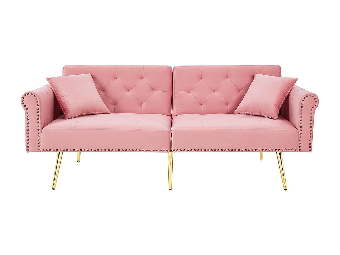 Canapé 2 places velours dossier réglable 3 positions pieds dorés fonction couchage peu encombrant petites pièces rose