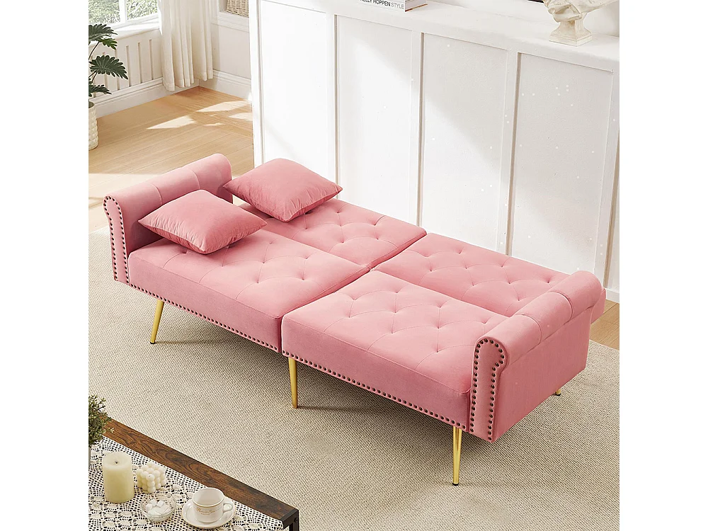Canapé 2 places velours dossier réglable 3 positions pieds dorés fonction couchage peu encombrant petites pièces rose