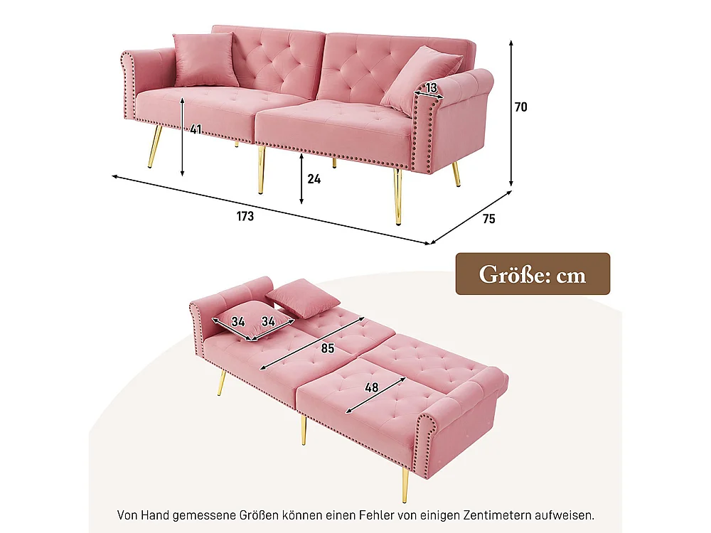 Canapé 2 places velours dossier réglable 3 positions pieds dorés fonction couchage peu encombrant petites pièces rose