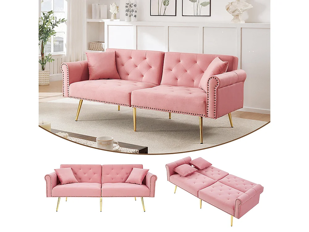 Canapé 2 places velours dossier réglable 3 positions pieds dorés fonction couchage peu encombrant petites pièces rose