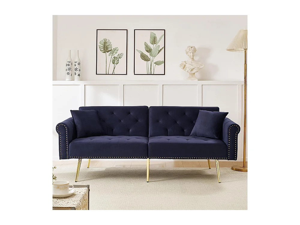 Canapé 2 places velours dossier réglable 3 positions pieds dorés fonction couchage peu encombrant petites pièces bleu antique