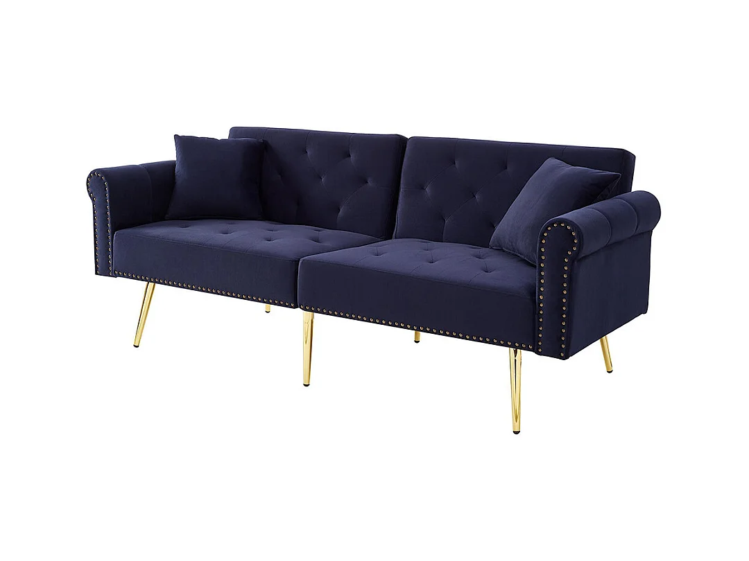 Canapé 2 places velours dossier réglable 3 positions pieds dorés fonction couchage peu encombrant petites pièces bleu antique