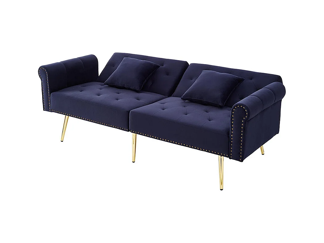 Canapé 2 places velours dossier réglable 3 positions pieds dorés fonction couchage peu encombrant petites pièces bleu antique