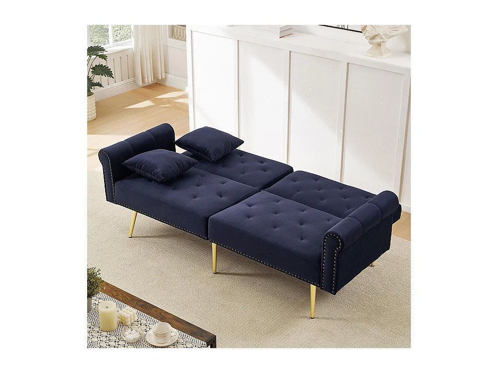 Canapé 2 places velours dossier réglable 3 positions pieds dorés fonction couchage peu encombrant petites pièces bleu antique