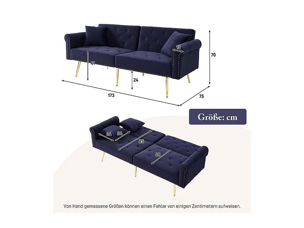 Canapé 2 places velours dossier réglable 3 positions pieds dorés fonction couchage peu encombrant petites pièces bleu antique