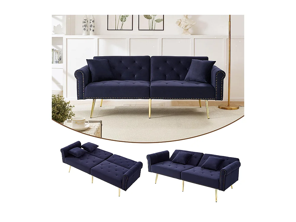 Canapé 2 places velours dossier réglable 3 positions pieds dorés fonction couchage peu encombrant petites pièces bleu antique