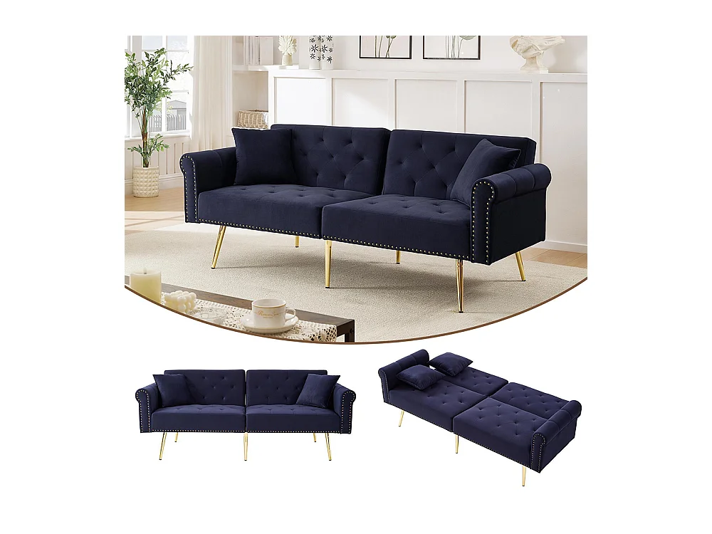 Canapé 2 places velours dossier réglable 3 positions pieds dorés fonction couchage peu encombrant petites pièces bleu antique