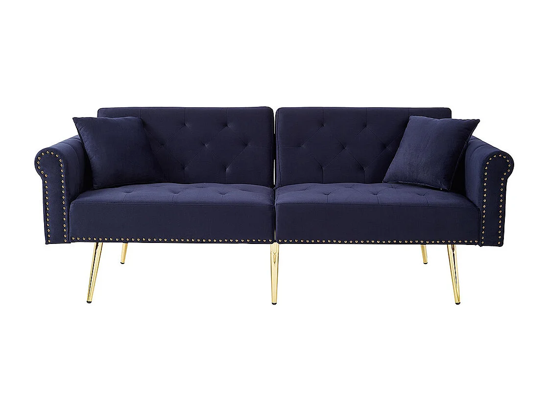 Canapé 2 places velours dossier réglable 3 positions pieds dorés fonction couchage peu encombrant petites pièces bleu antique