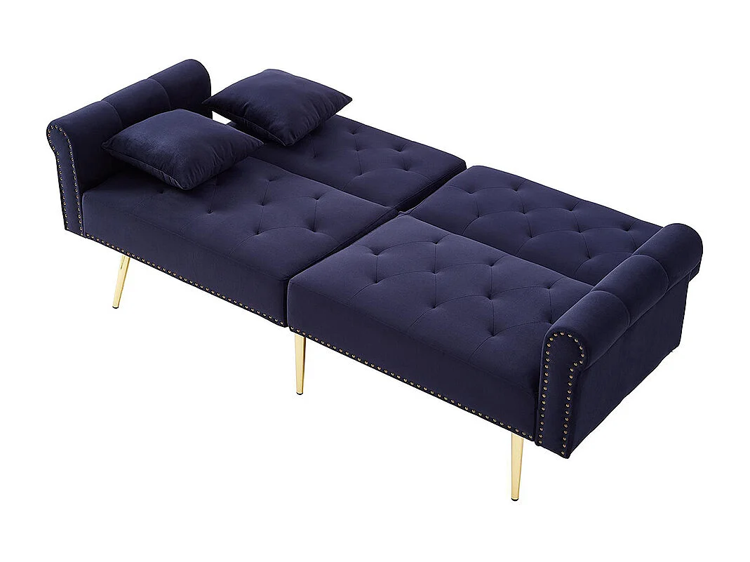 Canapé 2 places velours dossier réglable 3 positions pieds dorés fonction couchage peu encombrant petites pièces bleu antique