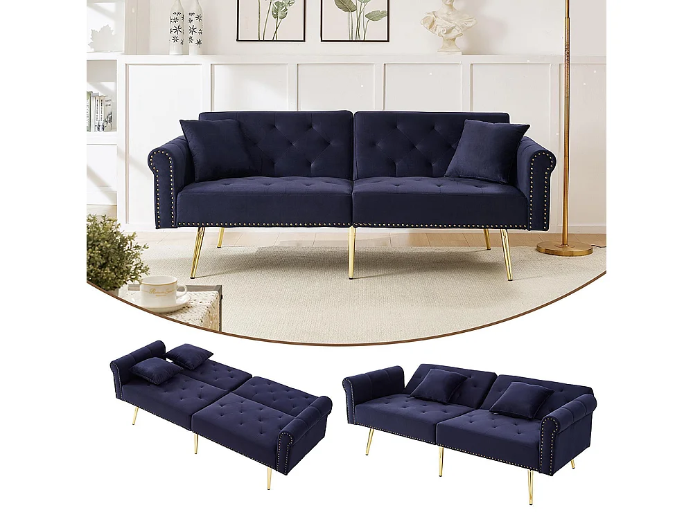 Canapé 2 places velours dossier réglable 3 positions pieds dorés fonction couchage peu encombrant petites pièces bleu antique