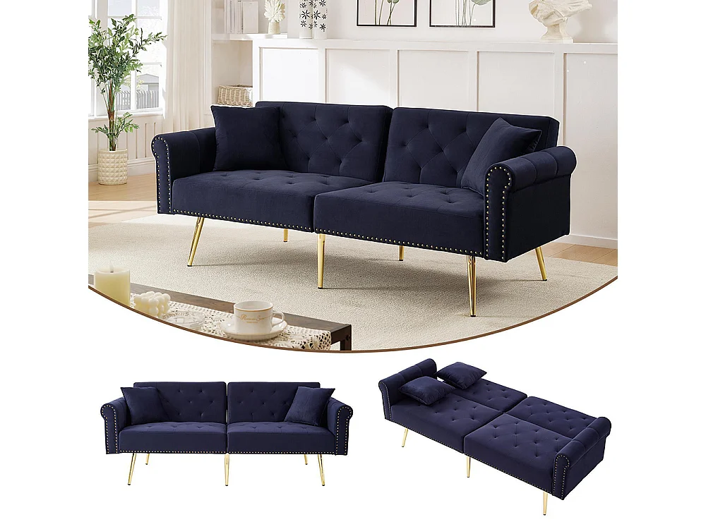 Canapé 2 places velours dossier réglable 3 positions pieds dorés fonction couchage peu encombrant petites pièces bleu antique