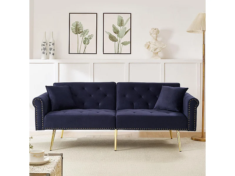 Canapé 2 places velours dossier réglable 3 positions pieds dorés fonction couchage peu encombrant petites pièces bleu antique