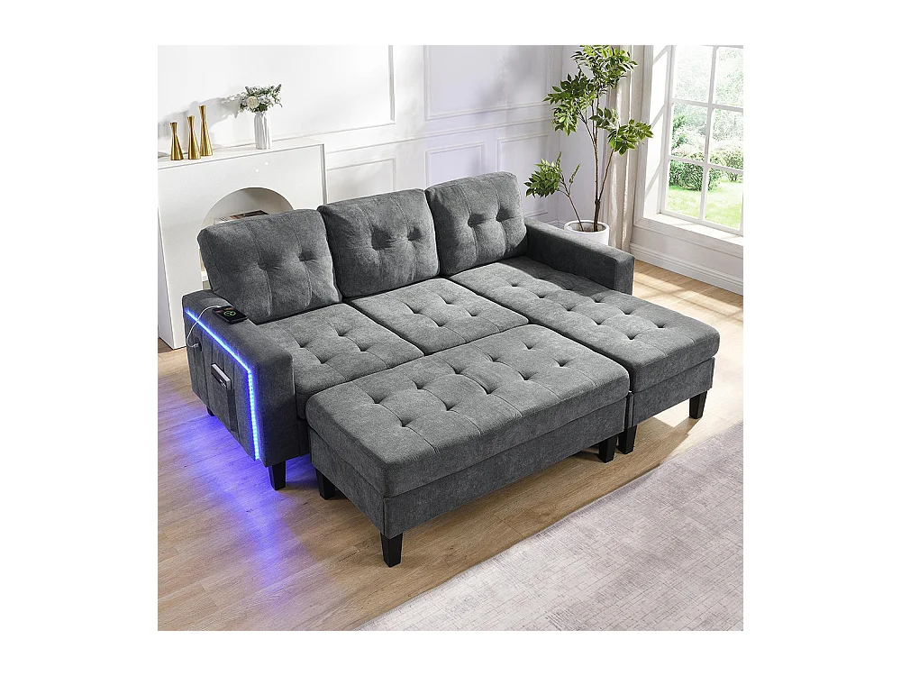 Canapé en L multifonctionnel repose-pieds amovible LED trois places combinaison canapé-lit modulaire gris antique