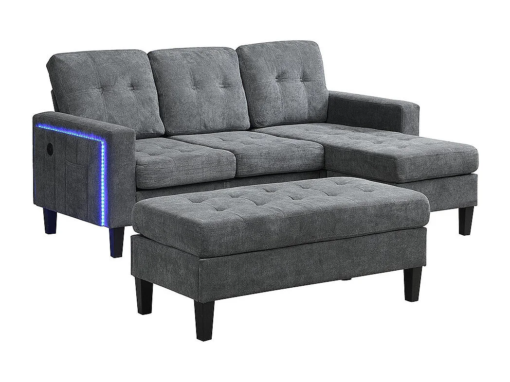 Canapé en L multifonctionnel repose-pieds amovible LED trois places combinaison canapé-lit modulaire gris antique