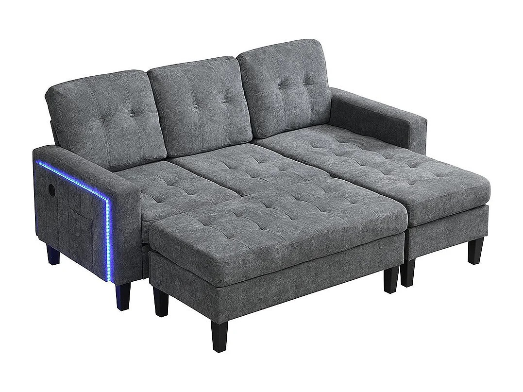 Canapé en L multifonctionnel repose-pieds amovible LED trois places combinaison canapé-lit modulaire gris antique