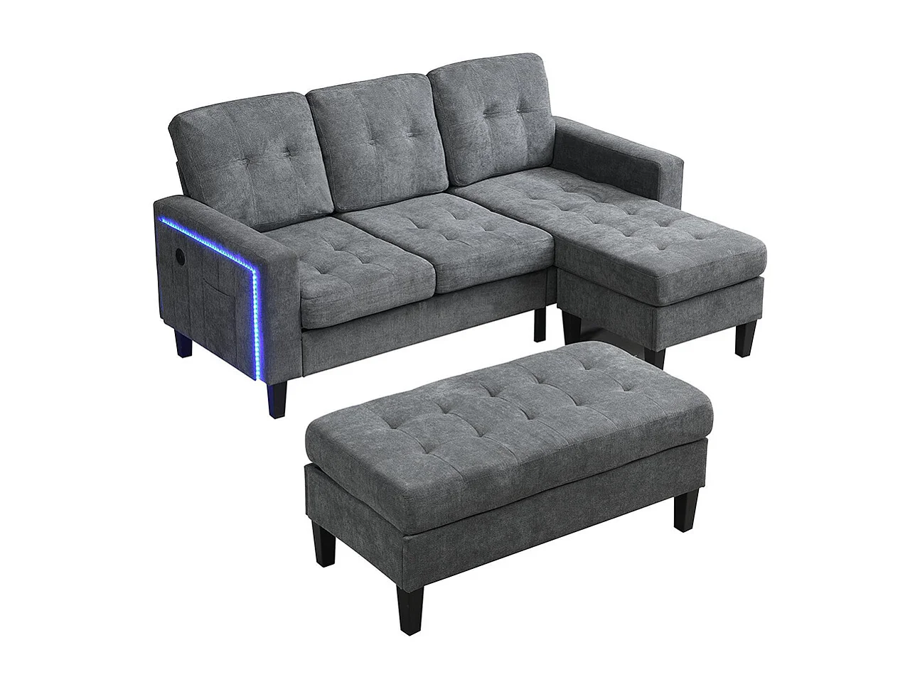 Canapé en L multifonctionnel repose-pieds amovible LED trois places combinaison canapé-lit modulaire gris antique