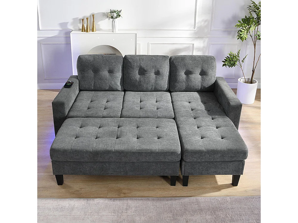 Canapé en L multifonctionnel repose-pieds amovible LED trois places combinaison canapé-lit modulaire gris antique