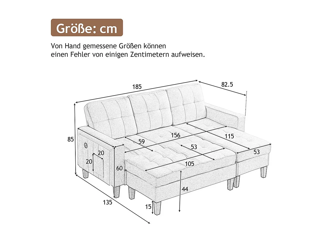 Canapé en L multifonctionnel repose-pieds amovible LED trois places combinaison canapé-lit modulaire gris antique
