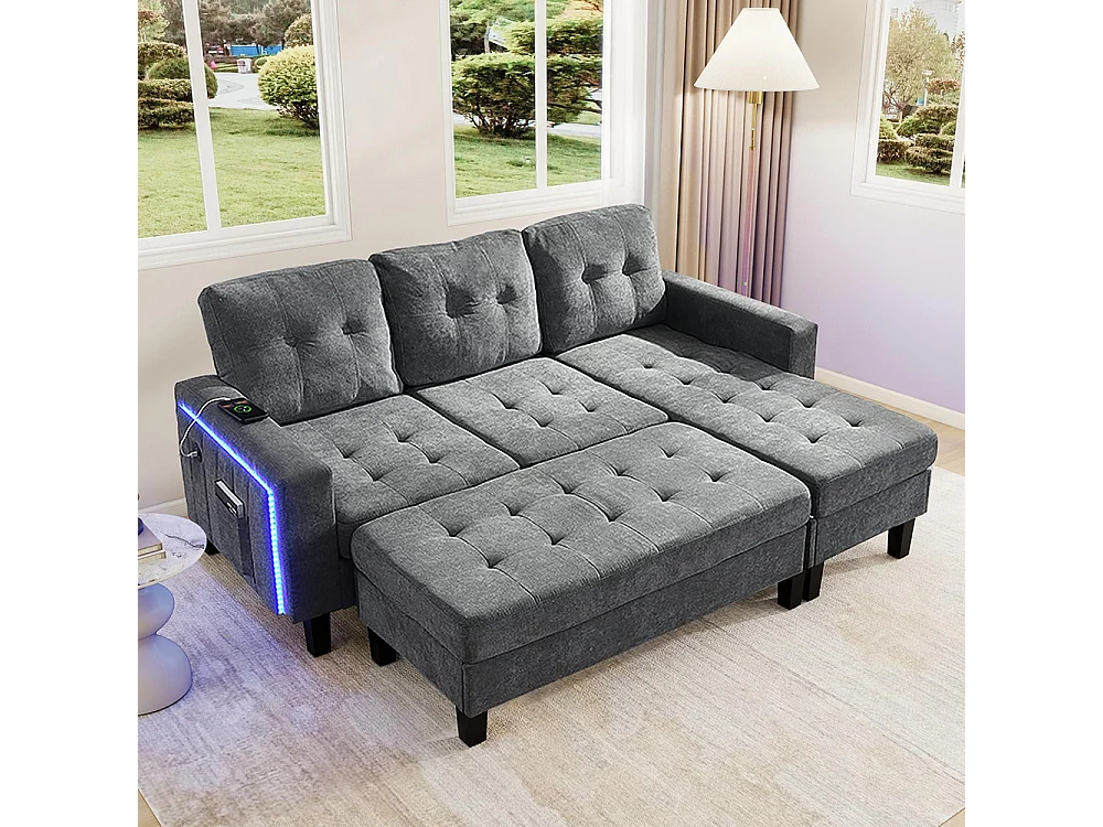 Canapé en L multifonctionnel repose-pieds amovible LED trois places combinaison canapé-lit modulaire gris antique