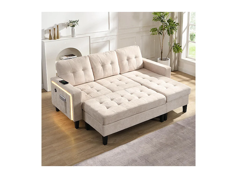 Canapé en L multifonctionnel repose-pieds amovible LED trois places combinaison canapé-lit modulaire beige