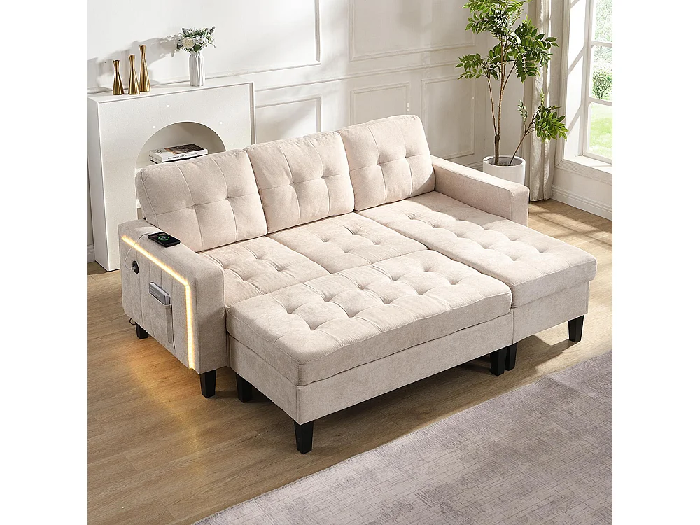 Canapé en L multifonctionnel repose-pieds amovible LED trois places combinaison canapé-lit modulaire beige