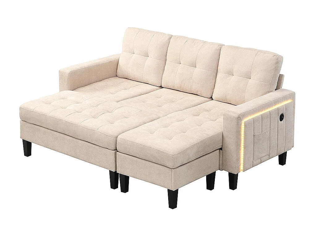 Canapé en L multifonctionnel repose-pieds amovible LED trois places combinaison canapé-lit modulaire beige