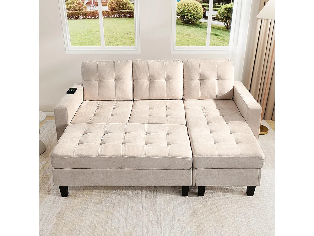 Canapé en L multifonctionnel repose-pieds amovible LED trois places combinaison canapé-lit modulaire beige