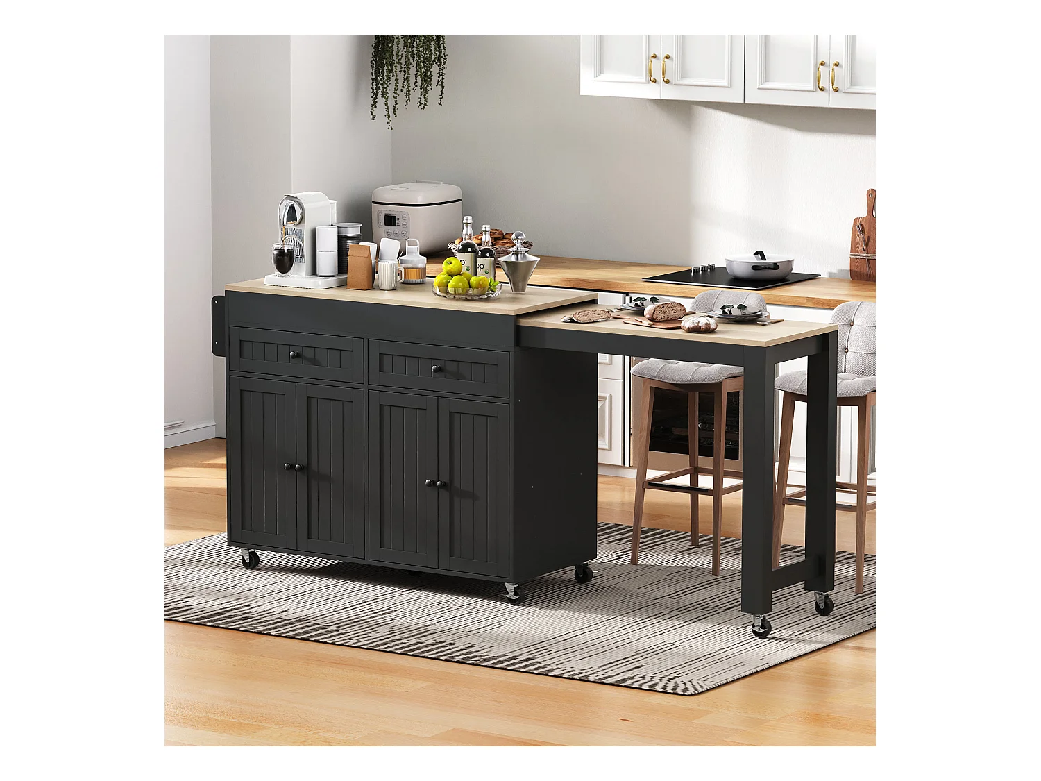Îlot central de cuisine mobile noir - Desserte de cuisine avec 4 portes et 2 tiroirs - plateau extensibleen bois et étagère à épices